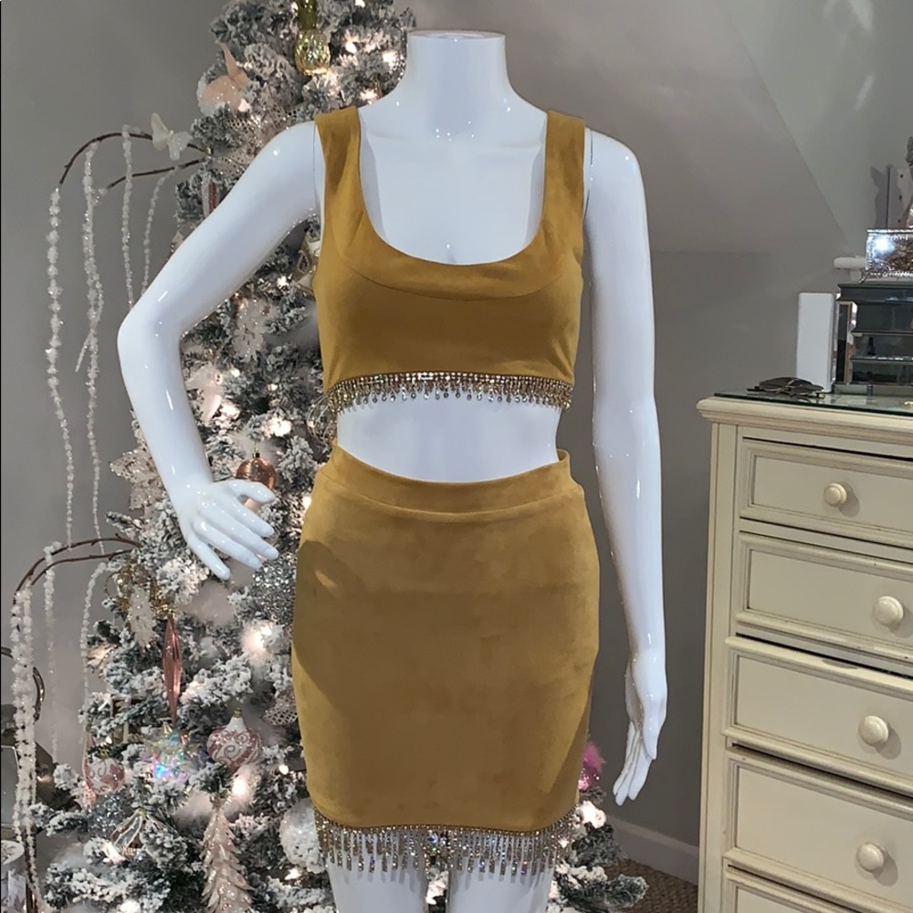 Mustard embellishment crop top and skirt set